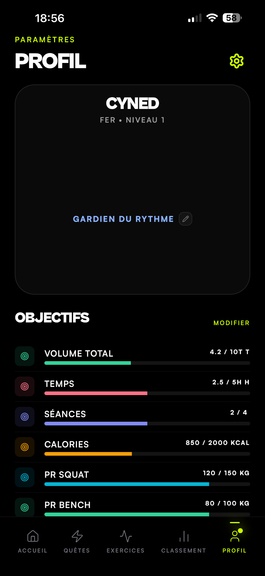 Écran Profil de Kalos : Workout